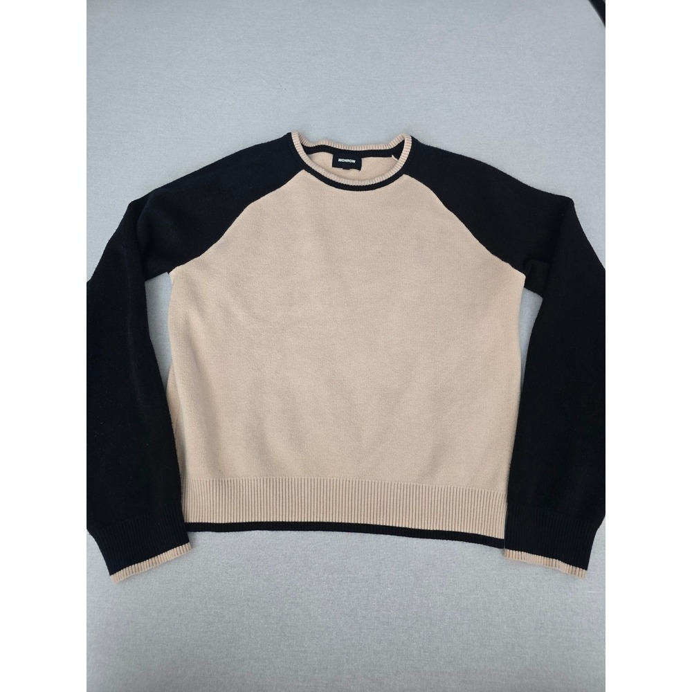 Revolve MONROW Crew Neck Womens Beige Black Colorblock Raglan Sweater Small Soft